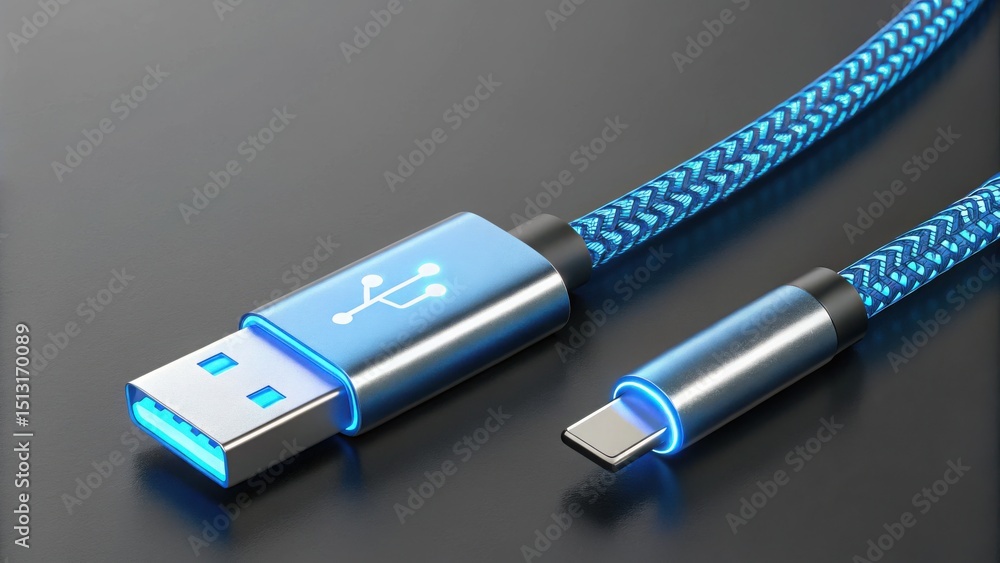 Poster glowing usb transfer cable with encryption symbol and gigapixel detail