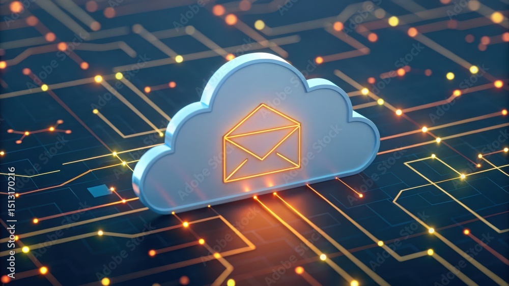 Poster glowing cloud email icon over network circuit background