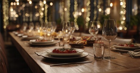 Elegant dinner table setup, featuring beautiful tableware and a warm, inviting atmosphere perfect for celebrations and gatherings.