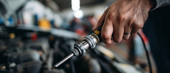 Caucasian adult man using automotive fluid extractor tool for car maintenance in garage, concept of vehicle service and repair