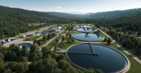 Aerial view of a water treatment plant with circular pools, surrounded by a forest of green trees on a sunny day. Clean water processing.
