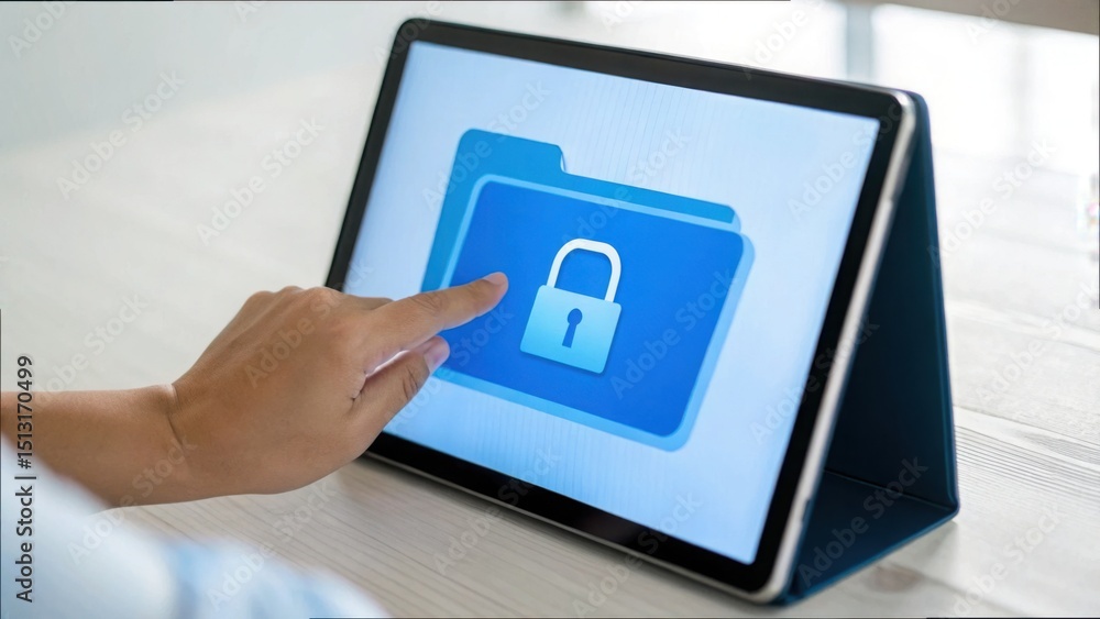 Poster Hand Selecting Folder Icon on Touchscreen Device for File Management