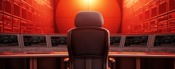 A high-tech control room with multiple monitors and a central chair, illuminated by a dramatic red glow.