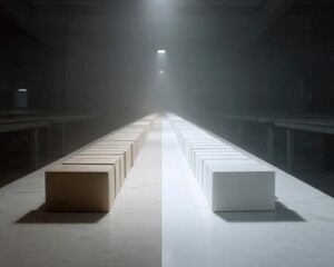 Obraz premium Minimalist image of brown and white boxes aligned in rows on a long table in a dimly lit, industrial-style room.