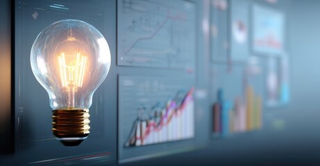 A lightbulb illuminates, symbolizing innovation, set against a backdrop of data charts suggesting analysis and progress.