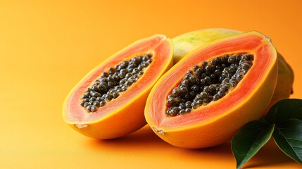 Vibrant Still Life: Halved Papayas Showcasing Seeds and Texture on Sunny Background, Culinary Presentation