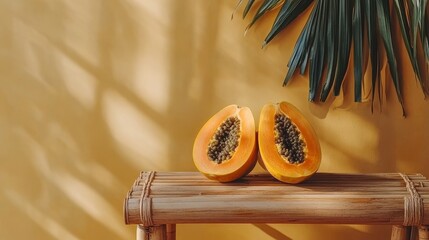 Tropical Papaya Halves on Bamboo Table with Palm Shadows Against Warm Yellow Wall, a Summery Still Life