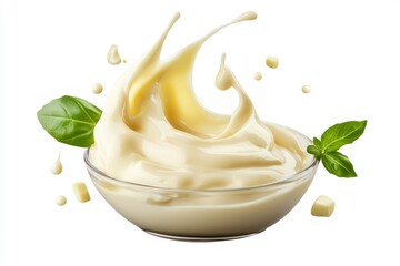 Cutout of creamy mayonnaise, cheese sauce, and garlic aioli blending together in an elegant splash, isolated on a PNG transparent background