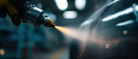 Industrial worker using spray gun for powder coating metal part in manufacturing factory Concept of surface treatment, metalworking, and industrial production