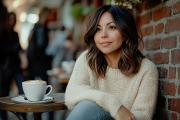 Smiling woman enjoying coffee at outdoor cafe