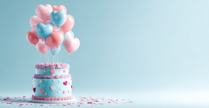 Celebratory cake adorned with heart-shaped balloons, evoking feelings of love and joy against a soft pastel backdrop. Party time!