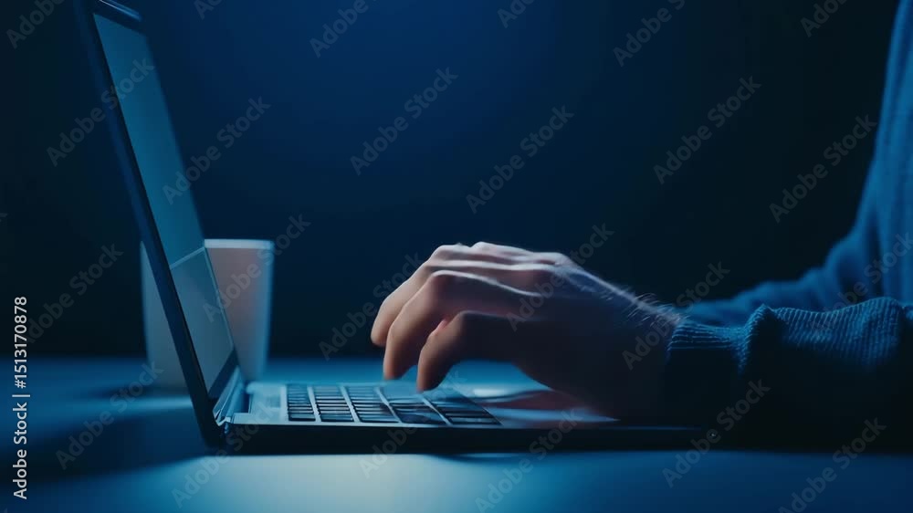 Aufkleber hand typing on laptop keyboard technology with computer workspace and dark blue background typing