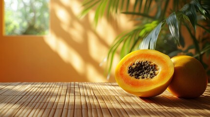 Tropical still life featuring fresh papaya, showcasing its vibrant color and texture against a natural backdrop with exotic plant and soft lighting, idyllic getaway