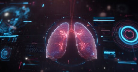 Futuristic digital display of human lungs with glowing veins, surrounded by holographic interfaces and medical data visualizations.