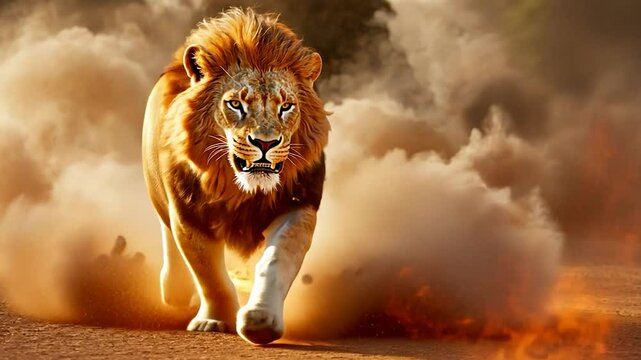 Majestic lion walking through smoke and flames wild predator golden mane