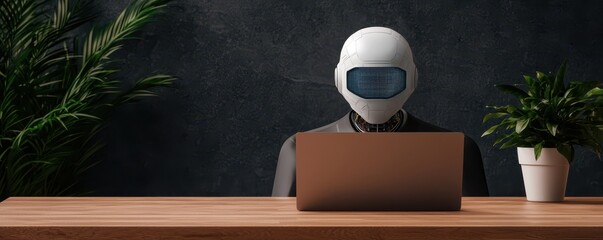 A robot with a futuristic helmet works at a laptop on a wooden desk, surrounded by green plants against a dark background.
