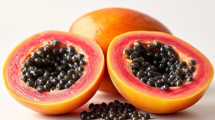 Vibrant Papaya Trio: A Tropical Still Life with Sliced Fruit and Seed Detail, Rich Color Palette for Healthy Eating and Culinary Themes, Simple Background