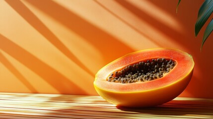 Sliced Papaya Still Life: Tropical Fruit with Seeds in Vivid Orange Setting and Leafy Accent under Shadowed Sunlight, evocative summer feeling