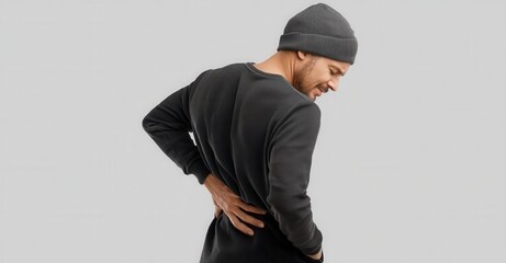Man experiencing lower back pain, wearing a beanie and a sweater, grimacing. Health and wellness theme. Injury from workout or lifestyle.