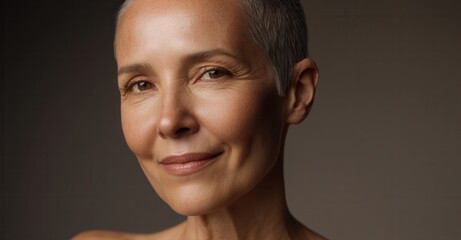 Elegant woman with silver hair smiles gently. A portrait of ageless beauty and quiet confidence radiating from warm features.