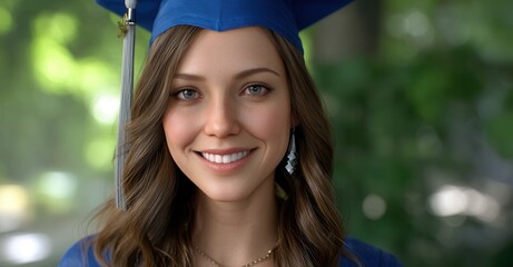 Portrait of a smiling graduate in a blue gown and cap, celebrating academic achievement and future opportunities. She is posed outdoors.