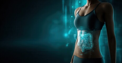 Woman's torso overlaid with a glowing graphic of the digestive system, emphasizing gut health, wellness, and anatomical study.