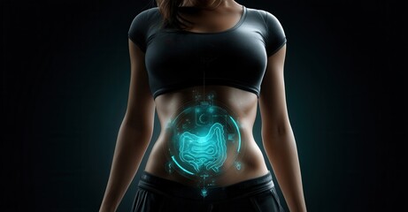 Woman's torso with graphic overlay of intestines, emphasizing digestive health and overall wellness. A futuristic health concept.