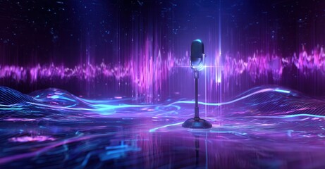 Microphone on futuristic stage glows amidst ethereal violet and blue audio waves, poised for a captivating performance or recording.