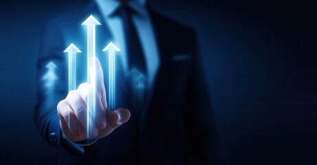 Man in suit using finger to raise digital arrows upwards, illustrating growth, success, and upward trends in a technology-driven context.