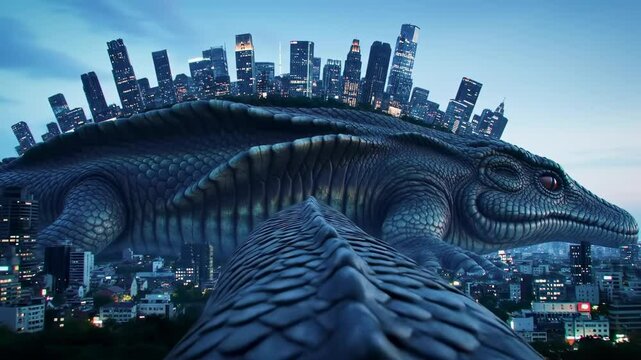 Giant reptile with city on its back