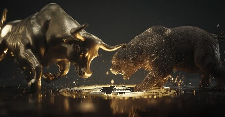 Bull and Bear face off in a golden standoff, symbolizing market forces, strength, and volatility in the financial world.