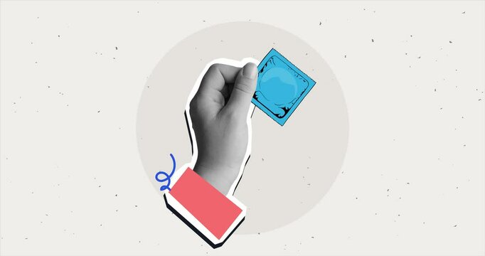 Hand holding packed condom. Modern collage style. 4K stop motion animation