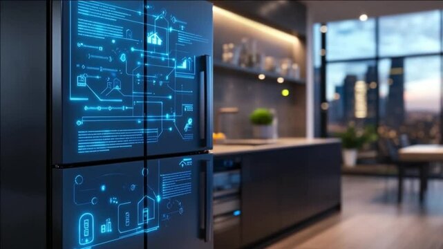 Smart Fridge: Futuristic Kitchen Tech, Modern City View