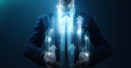 Business growth concept with arrows rising above a businessman's hands, symbolizing progress, success, and vision for the future. ....