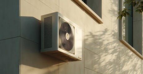 Exterior air conditioning unit mounted on a modern building. Sun casts shadows, highlighting architectural details and a clean, energy-efficient system.