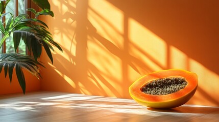 Papaya Slice Sunlit Still Life with Plant Shadows on Orange Background