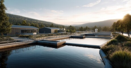 Scenic water treatment facility at sunrise, reflecting calm water, buildings, distant mountains, and clear sky. Natural and built environment.