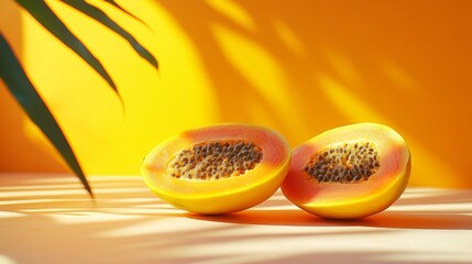 Halved Papayas with Exotic Leaf Shadows: Vibrant Tropical Still Life for Culinary and Healthy Lifestyle Concepts