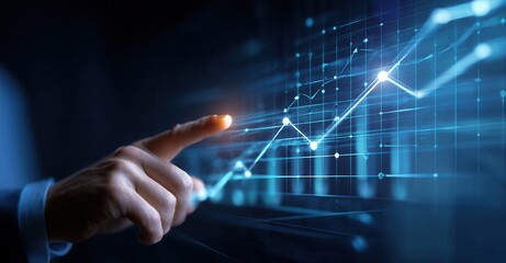 Rising trend analysis: A finger traces an upward-sloping trend line on a graph, symbolizing growth and positive business development.