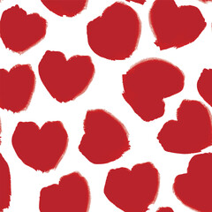 Hearts polka dot seamless pattern hand drawn. Red painted doodle symbols on white. Looks like cow spots