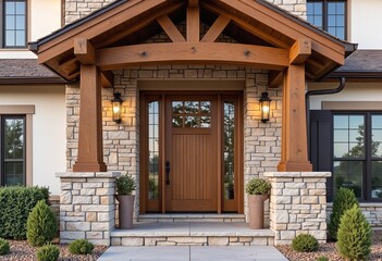 Fototapeta premium Inviting Rustic Elegance Wooden Front Door and Covered Entryway of a Luxurious Country Home