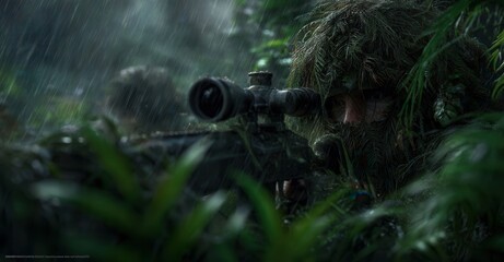 Camouflaged sniper lurking in the jungle with a long rifle during a rainstorm, blending seamlessly with the dense foliage.
