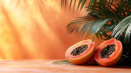 Halved Papayas on Tropical Setting with Sunlight and Palm Fronds, A Slice of Paradise on a Warm Colored Background Representing Summer, Nature and Health