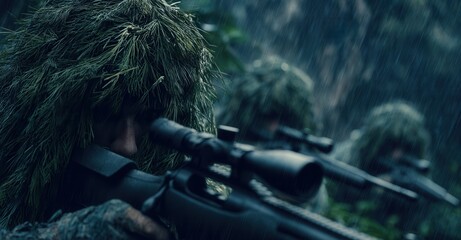 Camouflaged figures with rifles in a dense, rain-soaked forest, blending with the environment for stealthy observation.