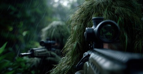 Camouflaged soldiers lie in wait amidst lush foliage, their sniper rifles equipped with scopes, ready for covert operations.