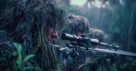 Camouflaged figures in rain, armed with rifles. Focused intensity, nature-integrated attire, and weather-defiant readiness are displayed.