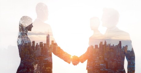 Business partnership handshake, merging skyline. Collaboration and urban agreement in commerce. Seamless blending of city and people.