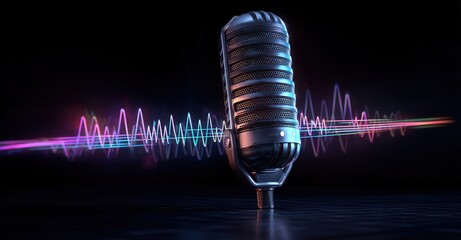 Vintage microphone with neon sound waves creating an audio visual, a timeless symbol of voice, music, and recording artistry.