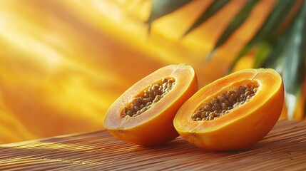Sun-Kissed Papaya Halves: A Tropical Still Life with Warm Light and Textured Backdrop, highlighting the vibrant fruit and its exotic appeal