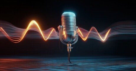 Vintage microphone glows amidst abstract sound waves. Retro style meets modern technology for recording, broadcast, or performance art.